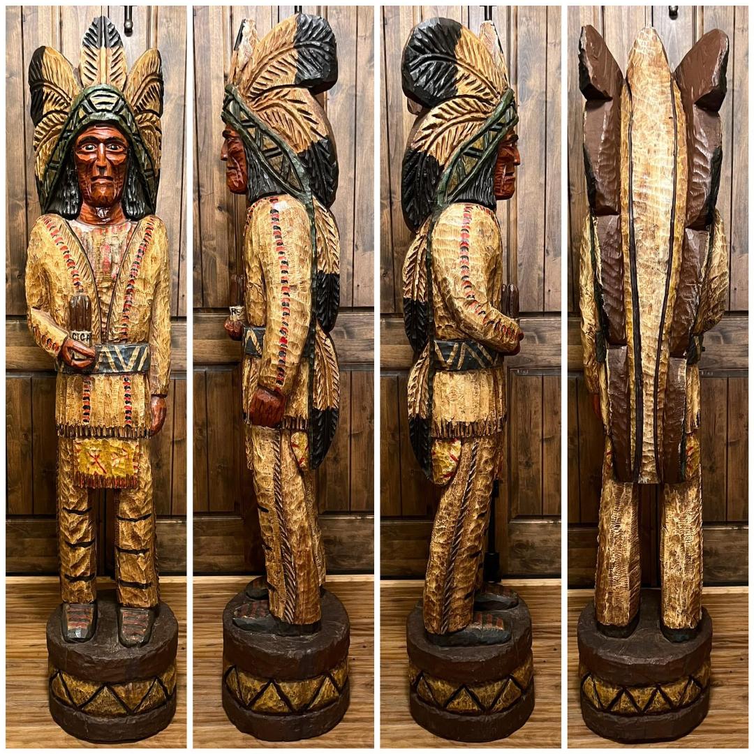 Vintage Ralph Gallagher 6 ft Cigar Store Indian carved wooden statue