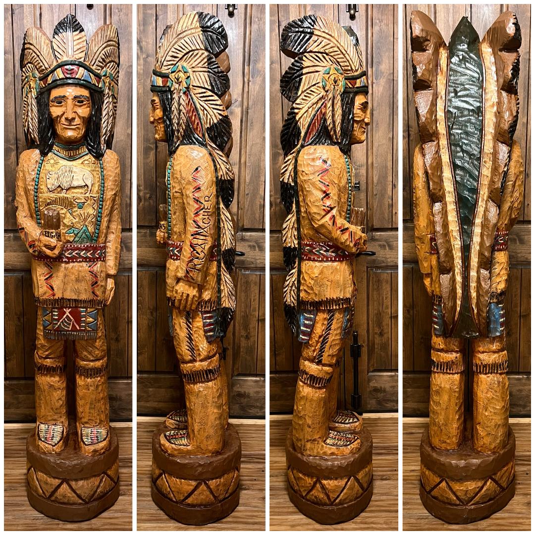 Vintage Ralph Gallagher 6 ft Cigar Store Indian carved wooden statue