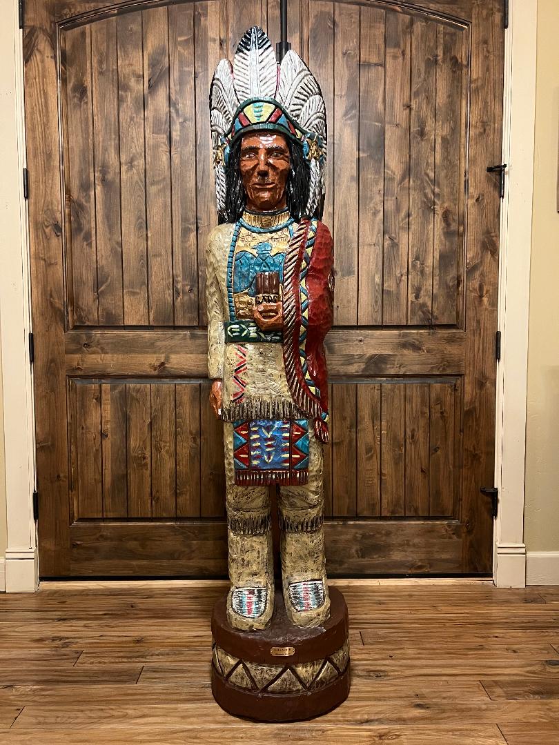 Vintage Ralph Gallagher Signature Series 6 ft Cigar Store Indian carved wooden statue