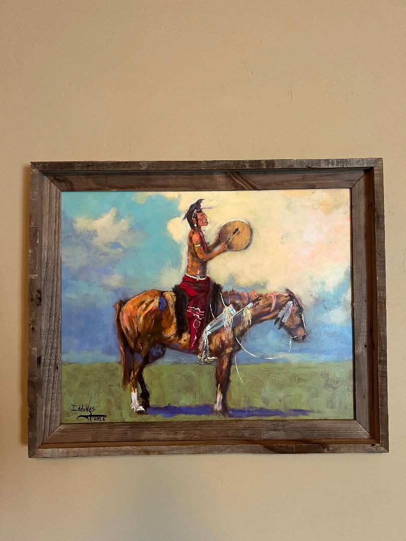Oil On Board Painting by Sam Iddings Native American " Calling Back The Buffalo "