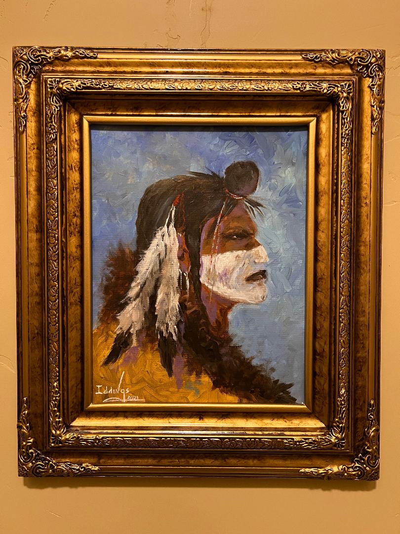 Oil On Canvas Painting by Sam Iddings Native American Indian Warrior