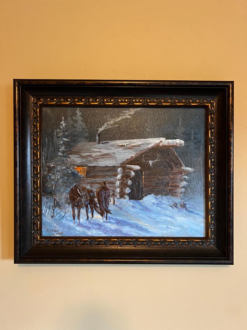 Oil On Canvas Painting by Sam Iddings Cabin Cowboy Horses