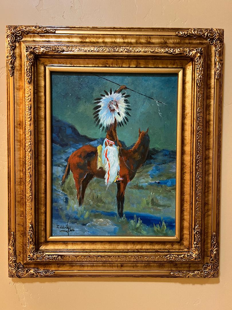 Oil On Canvas Painting by Sam Iddings Native American Indian Warrior on Horse