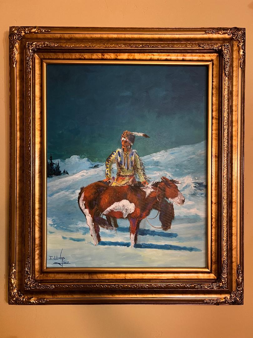 Oil On Canvas Painting by Sam Iddings Native American Indian and Horses