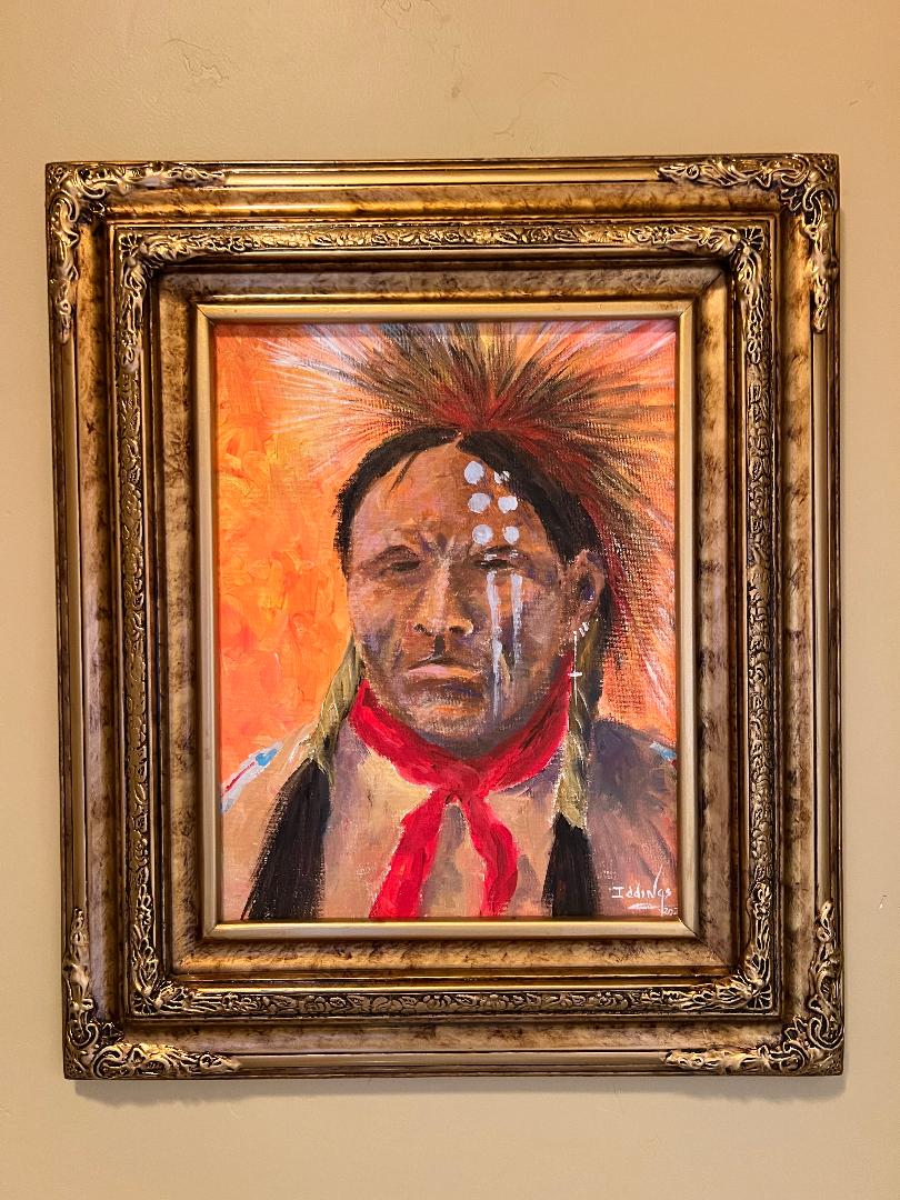 Oil On Canvas Painting by Sam Iddings Native American Indian Warrior