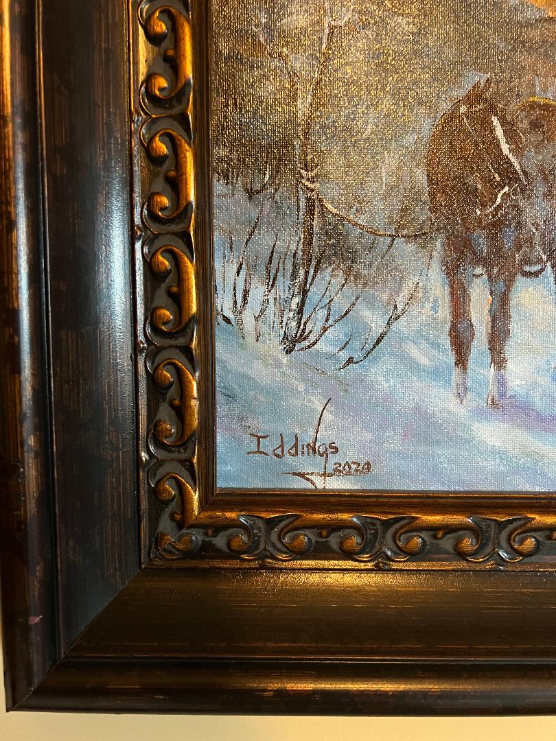 Oil On Canvas Painting by Sam Iddings Cabin Cowboy Horses