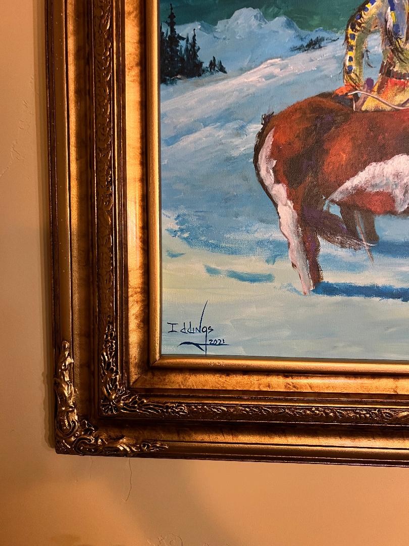 Oil On Canvas Painting by Sam Iddings Native American Indian and Horses