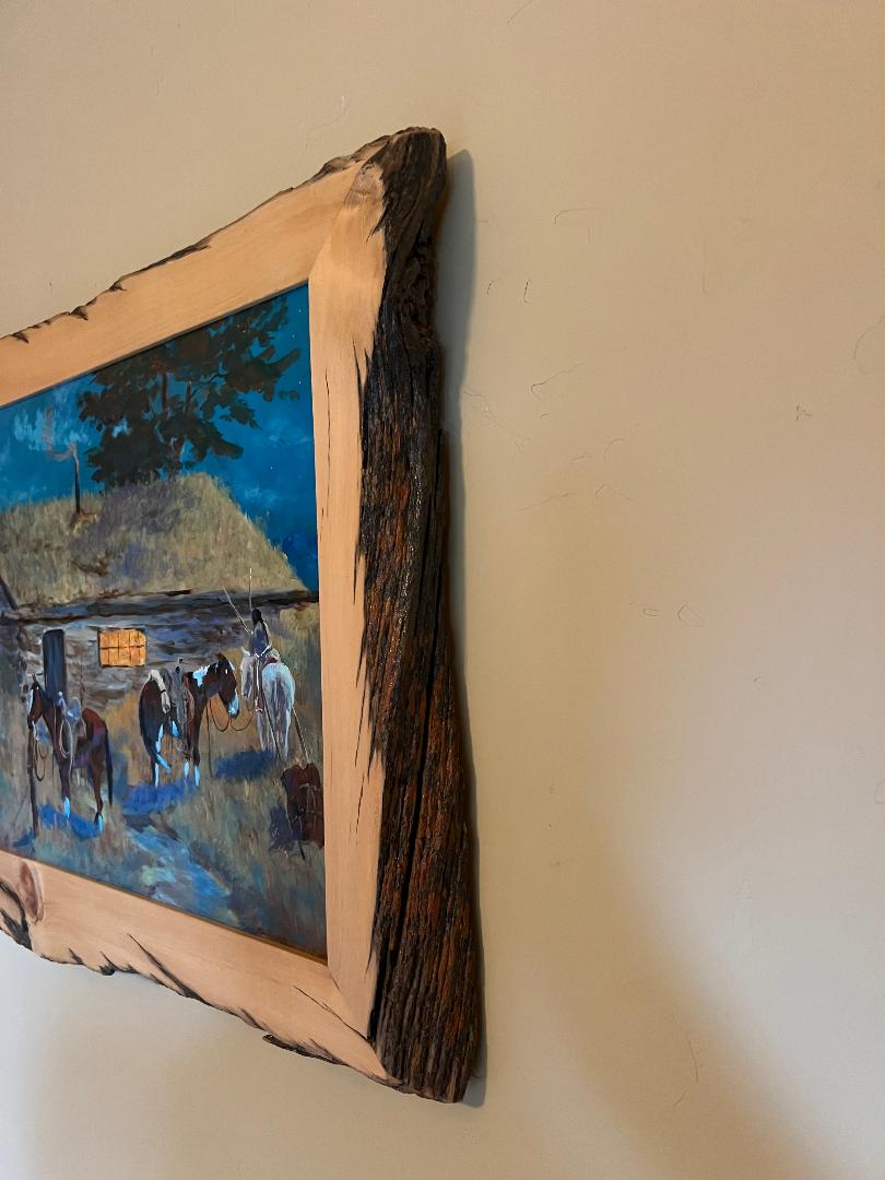 Oil On Board Painting by Sam Iddings Native American Indian Cabin Horses