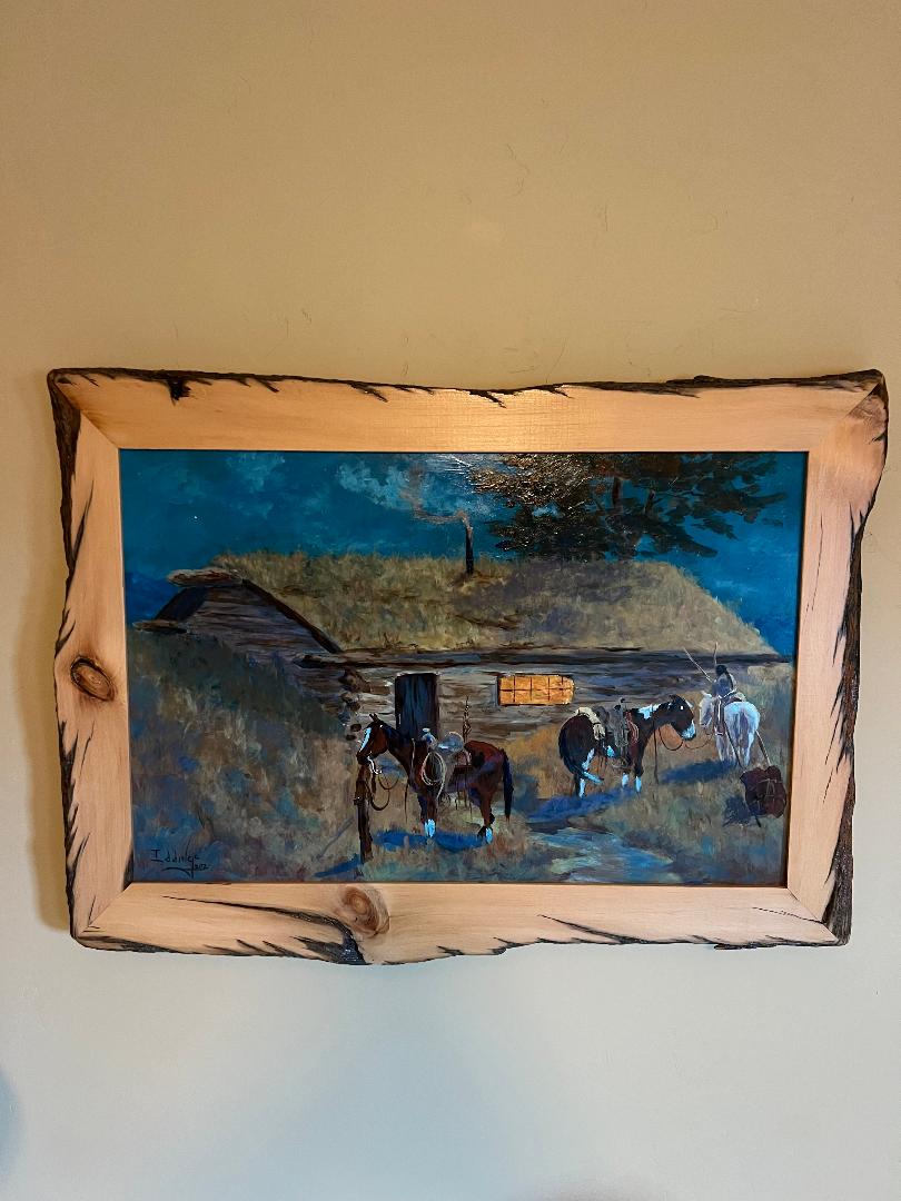 Oil On Board Painting by Sam Iddings Native American Indian Cabin Horses