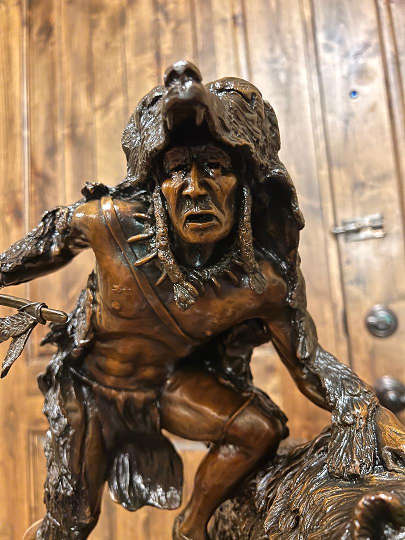 Bronze Sculpture "Spirit Brothers" Native American Warrior & Grizzly Bear by Danny D. Edwards
