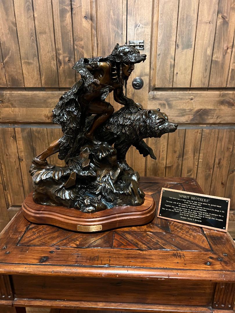 Bronze Sculpture "Spirit Brothers" Native American Warrior & Grizzly Bear by Danny D. Edwards