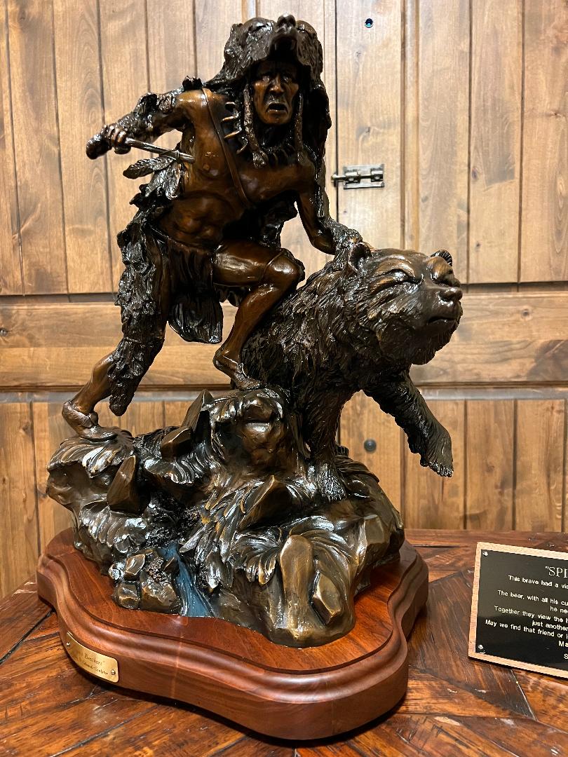 Bronze Sculpture "Spirit Brothers" Native American Warrior & Grizzly Bear by Danny D. Edwards