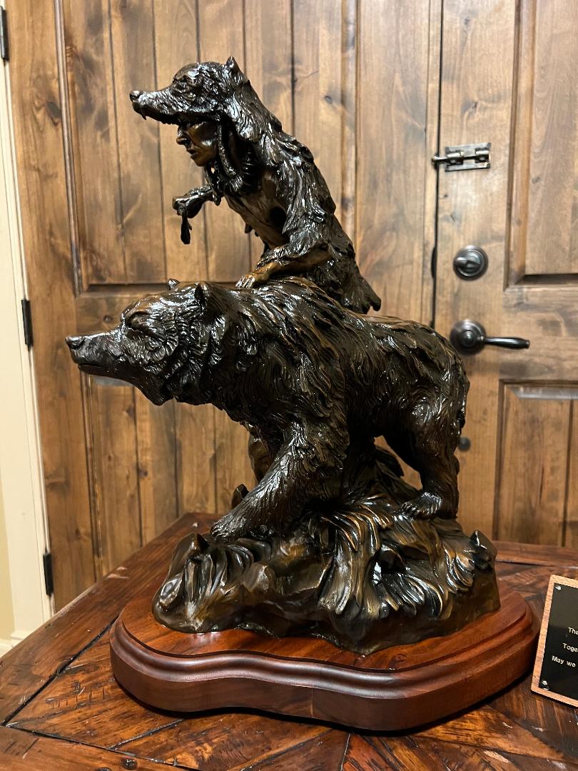 Bronze Sculpture "Spirit Brothers" Native American Warrior & Grizzly Bear by Danny D. Edwards
