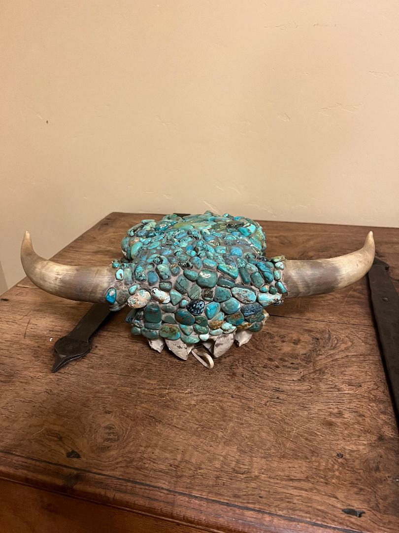 Vintage Cow Skull with Horns and Turquoise Stones One of A Kind