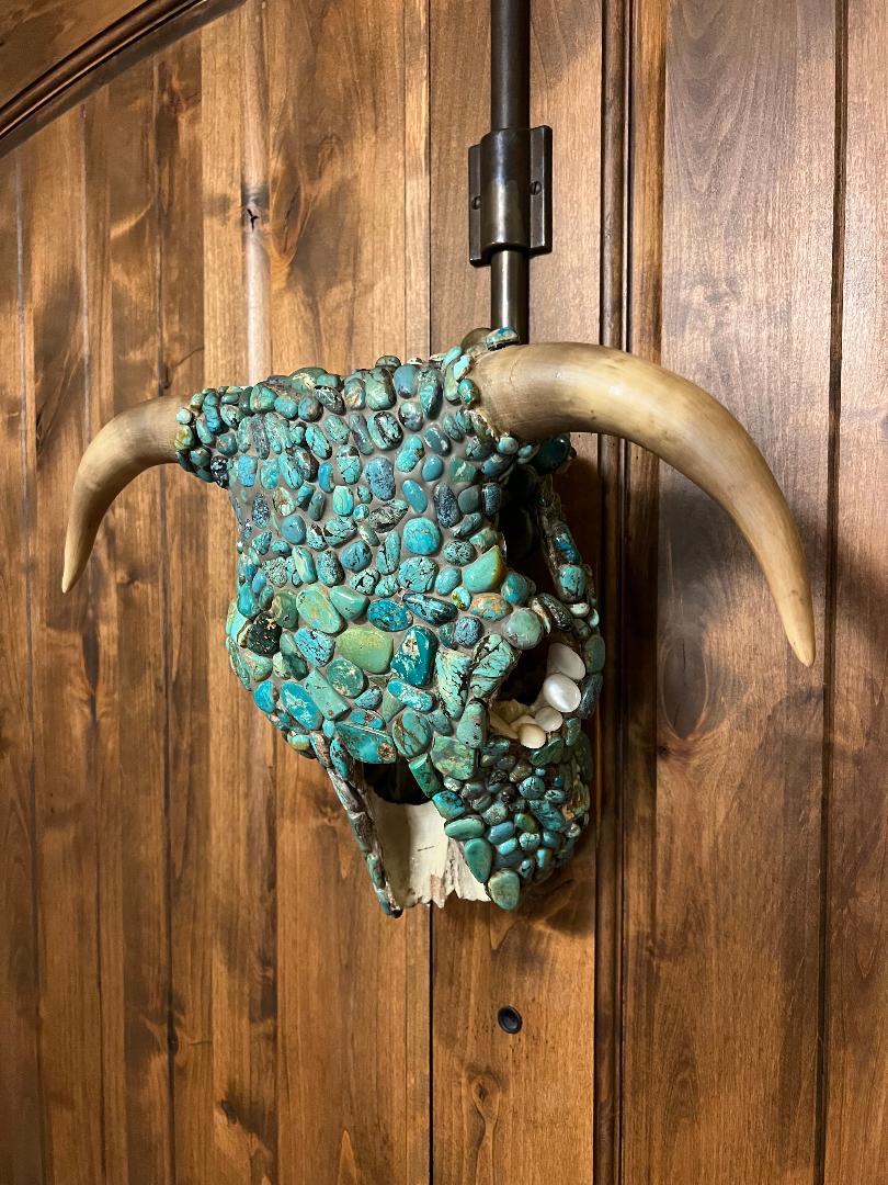 Vintage Cow Skull with Horns and Turquoise Stones One of A Kind