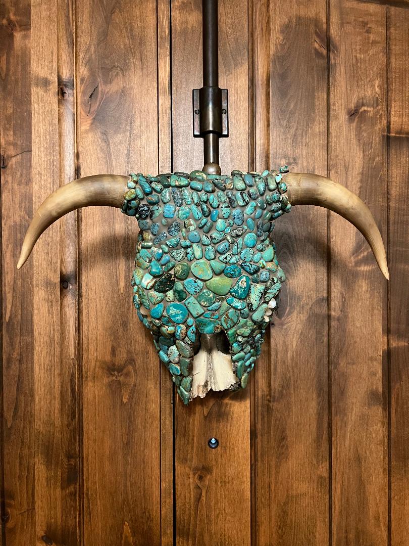 Vintage Cow Skull with Horns and Turquoise Stones One of A Kind