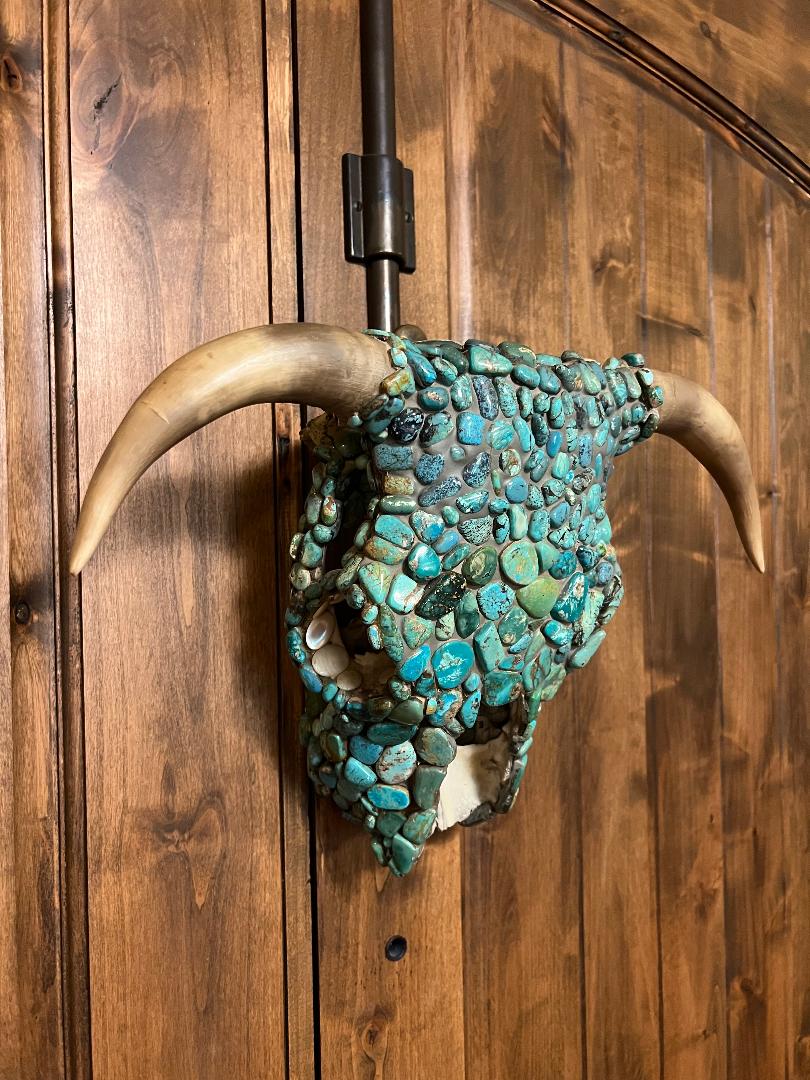Vintage Cow Skull with Horns and Turquoise Stones One of A Kind