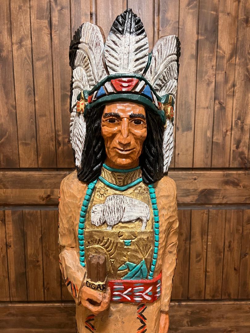 Vintage Ralph Gallagher Signature Series 5 ft Cigar Store Indian carved wooden statue