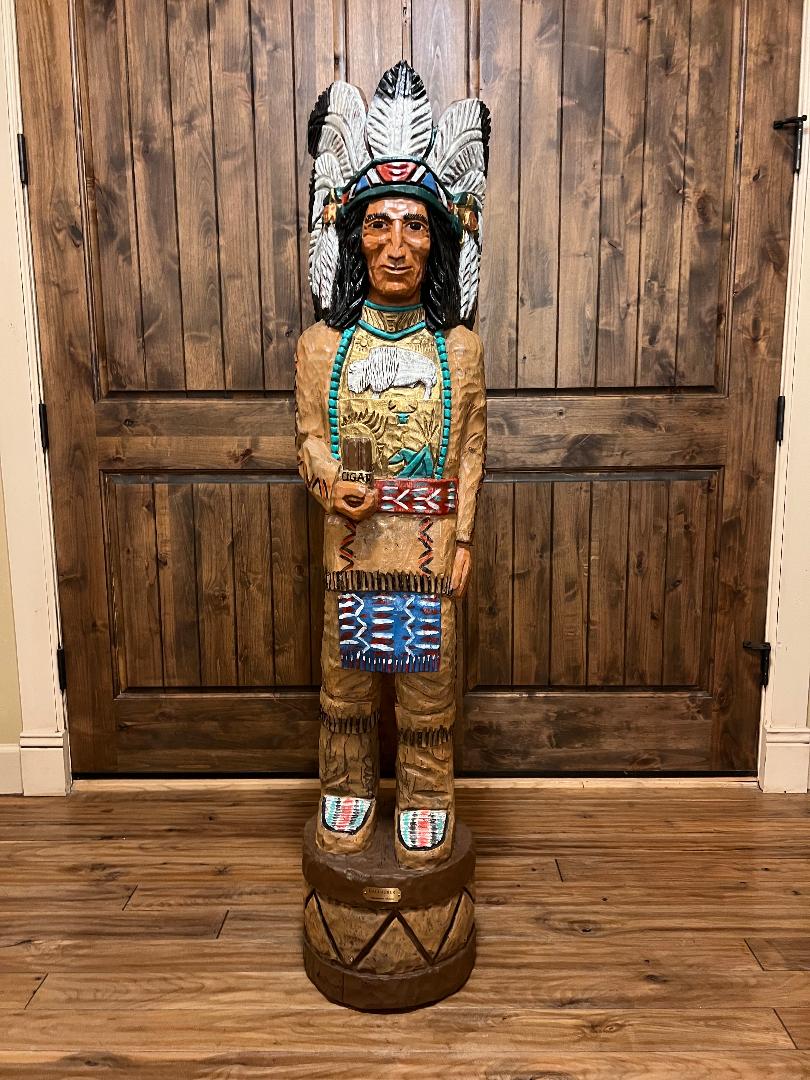 Vintage Ralph Gallagher Signature Series 5 ft Cigar Store Indian carved wooden statue