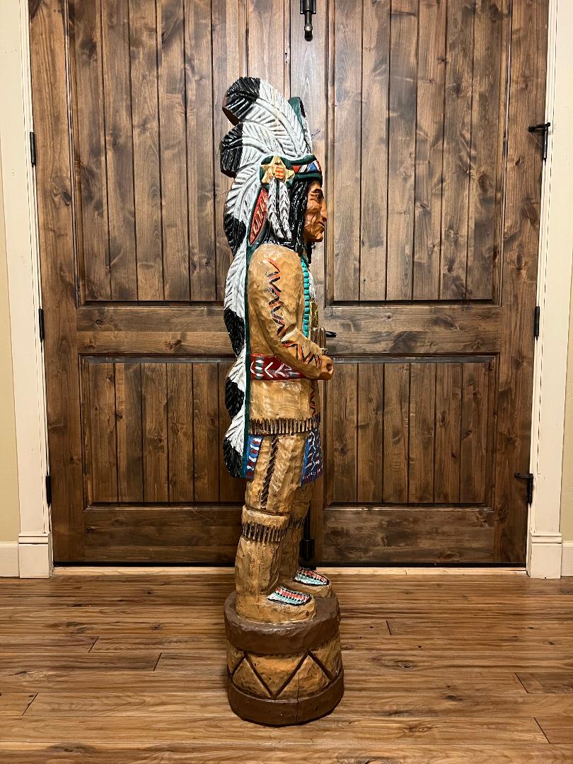 Vintage Ralph Gallagher Signature Series 5 ft Cigar Store Indian carved wooden statue