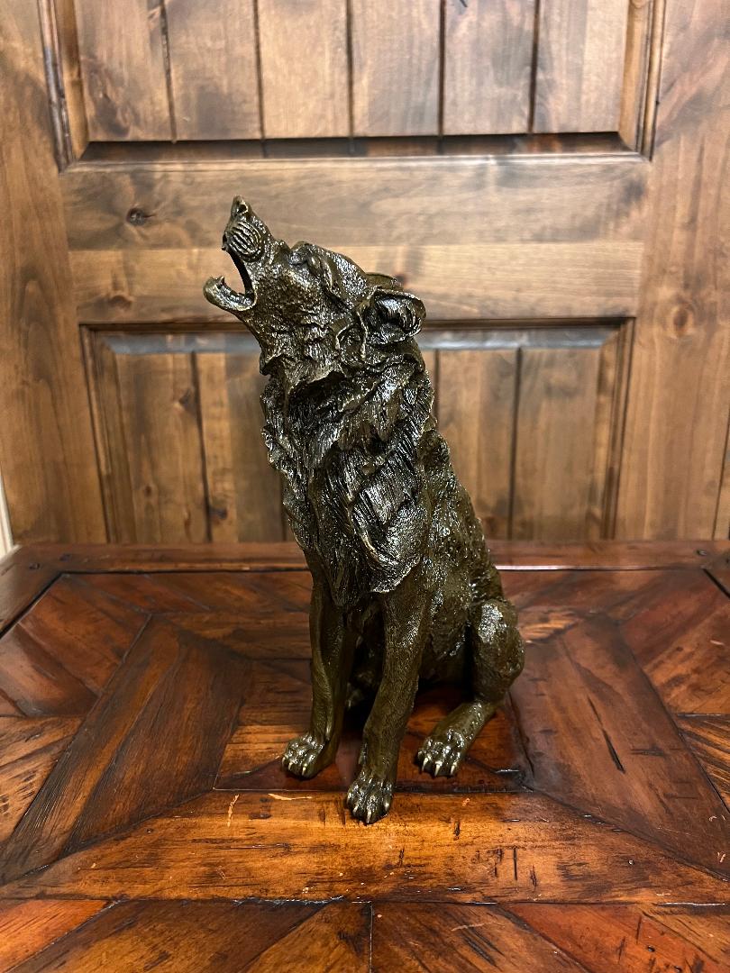 Bronze Sitting Howling Wolf Statue 11" Tall By French Artist Barye