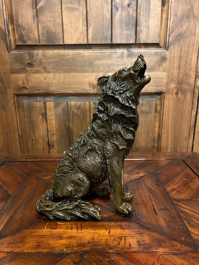 Bronze Sitting Howling Wolf Statue 11" Tall By French Artist Barye