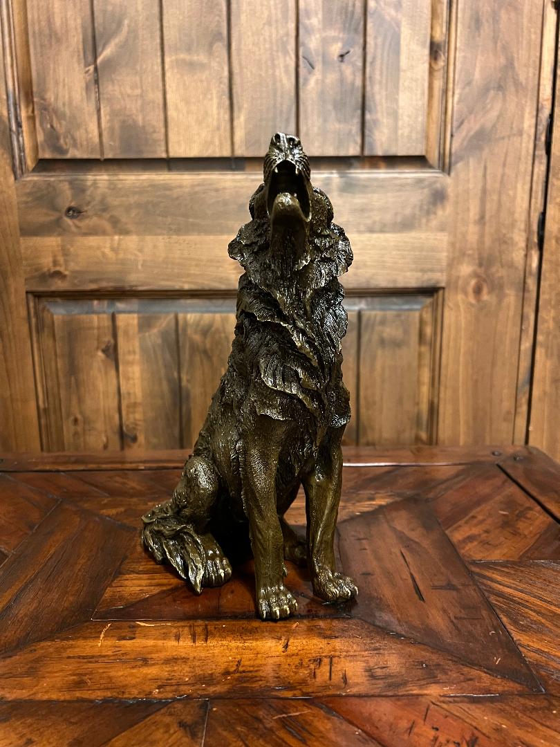 Bronze Sitting Howling Wolf Statue 11" Tall By French Artist Barye