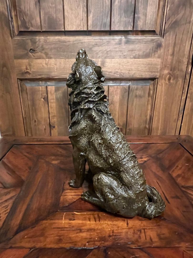 Bronze Sitting Howling Wolf Statue 11" Tall By French Artist Barye