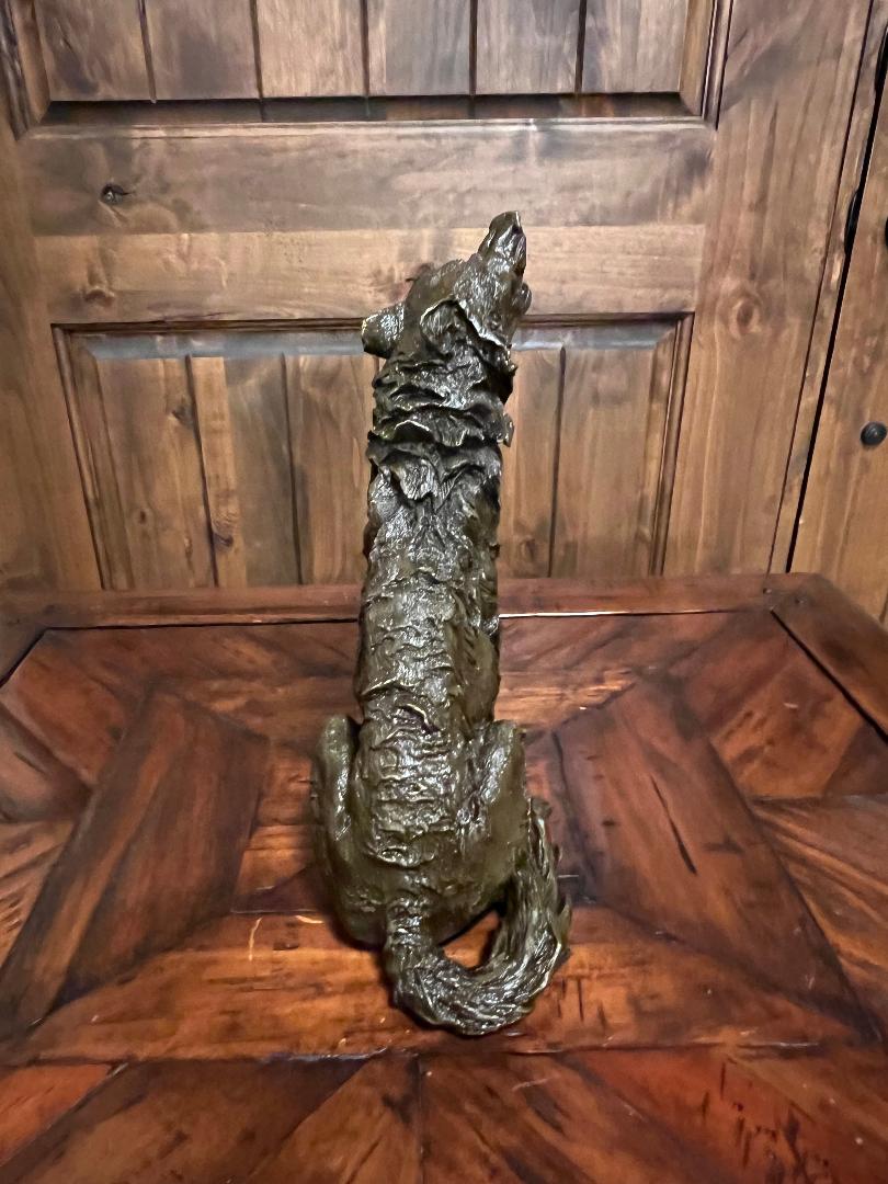 Bronze Sitting Howling Wolf Statue 11" Tall By French Artist Barye