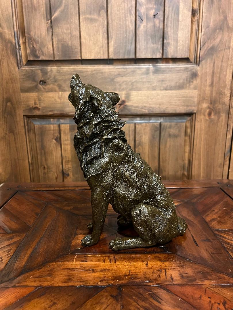 Bronze Sitting Howling Wolf Statue 11" Tall By French Artist Barye